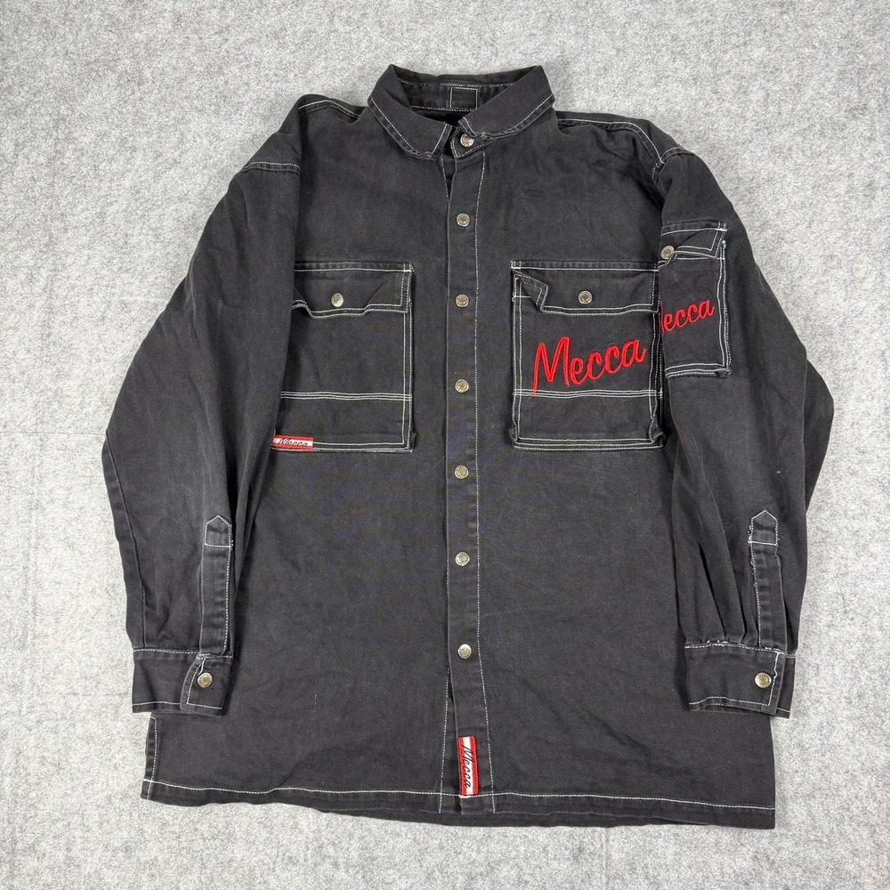 Vintage 90s Mecca Jean Jacket Black Embroidered (Size XL)